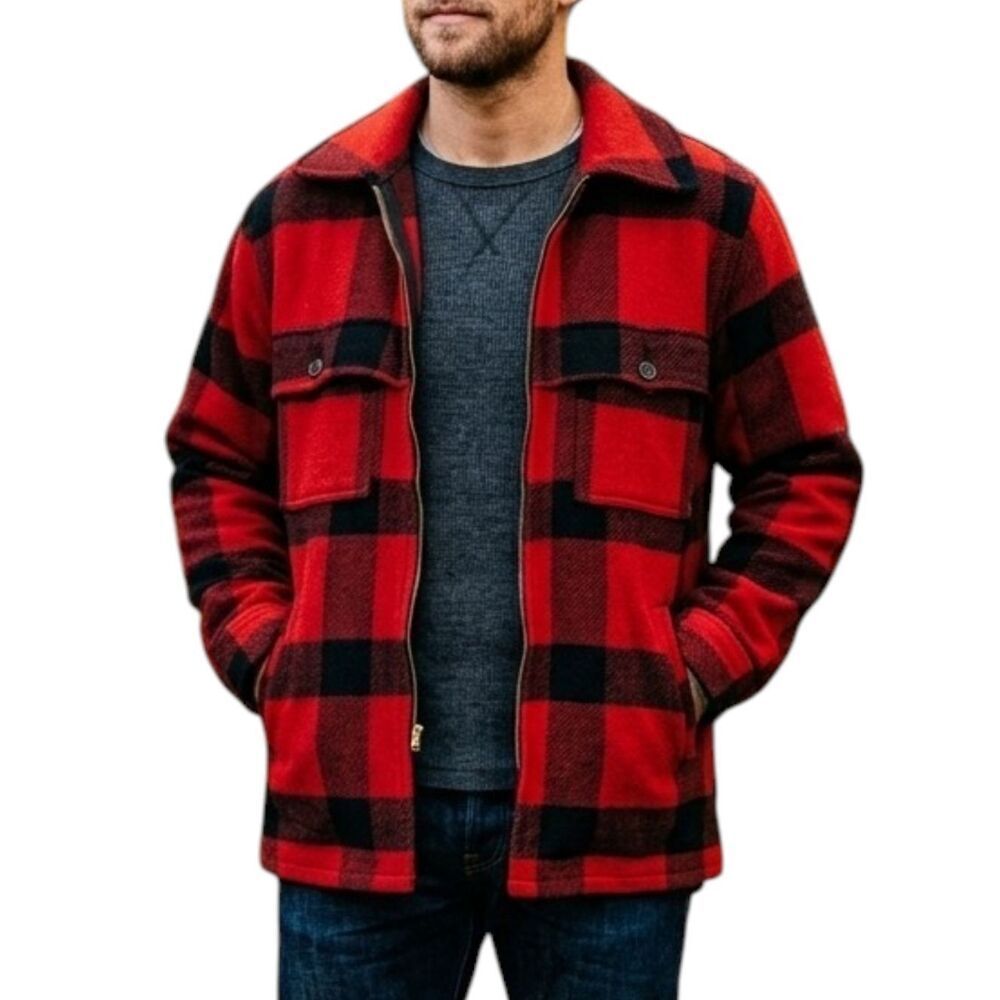 VTG 70s Johnson Woolen Mills Red Buffalo Plaid Wool Hunting Cruiser Jacket S